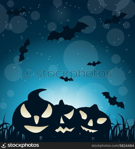 Illustration Halloween Spooky Dark Background with Carving Pumpkins and Bats - Vector. Halloween Spooky Dark Background