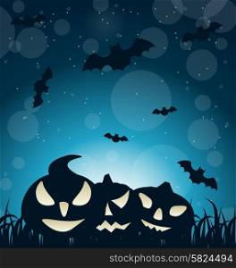 Illustration Halloween Spooky Dark Background with Carving Pumpkins and Bats - Vector. Halloween Spooky Dark Background