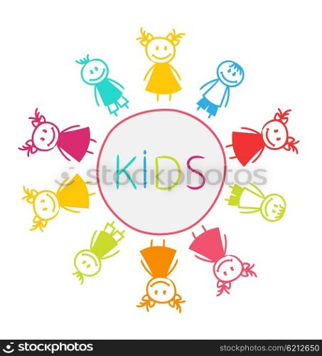 Illustration Hand-drawn Cute Funny Kids, Colorful Girls and Boys - Vector