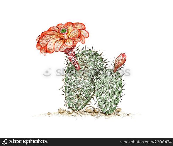Illustration Hand Drawn Sketch of Echinocereus Engelm or Hedgehog Cactus with Red Flower. A Succulent Plants with Sharp Thorns for Garden Decoration.