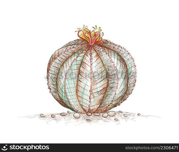 Illustration Hand Drawn Sketch of Euphorbia Obesa or Baseball Cactus Plant. A Succulent Plants with Sharp Thorns for Garden Decoration.