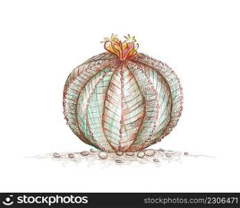 Illustration Hand Drawn Sketch of Euphorbia Obesa or Baseball Cactus Plant. A Succulent Plants with Sharp Thorns for Garden Decoration.