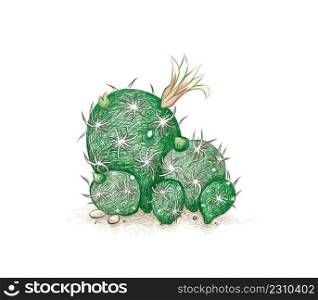 Illustration Hand Drawn Sketch of Mammillaria Gracilis Fragilis or Thimb≤Cactus with Flower. A Succu≤nt Plants with Sharp Thorns for Garden Decoration. 