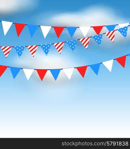 Illustration Hanging Bunting Pennants in National American Colors for Holidays, Blue Sky with Clouds - Vector Illustration Hanging Bunting Pennants in National American Colors for Holidays, Blue Sky with Clouds - Vector