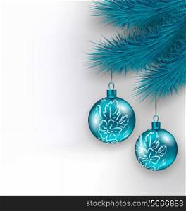 Illustration hanging Christmas glass balls on fir twigs - vector