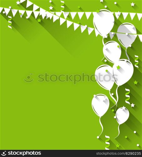 Illustration happy birthday background with balloons and hanging pennants, trendy flat style - vector