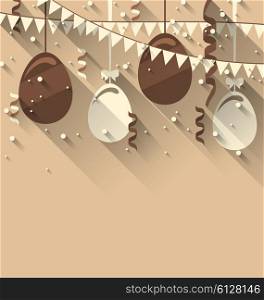 Illustration Happy Easter Background with Chocolate Eggs and Serpentine, Trendy Flat Style with Long Shadows - Vector