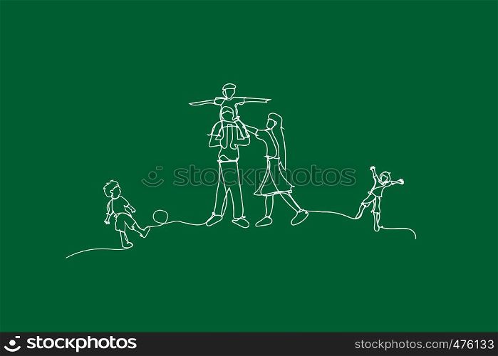 illustration Happy family have fun with continuous white line drawing style,Draw white line of Children playing in garden park,Creative Simple lines idea family ecology environment concept,vector.