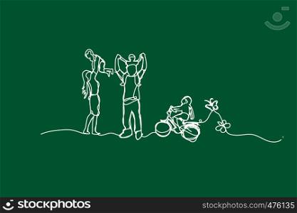 illustration Happy family have fun with continuous white line drawing style,Draw white line of Children playing in garden park,Creative Simple lines idea family ecology environment concept,vector.. .