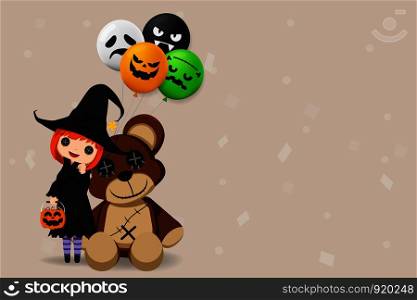 Illustration Happy Halloween Day. Holiday concept with cute little girl wearing a witch costume holding a pumpkin candy basket with balloon and doll bear isolated on background with copy space