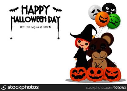 Illustration Happy Halloween Day. Holiday concept with horror characters , cute little girl wearing a witch costume and pumpkin smile spooky scary isolated on white background with copy space , vector