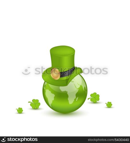 Illustration hat and shamrocks around Globe on St. Patrick&rsquo;s Day - vector