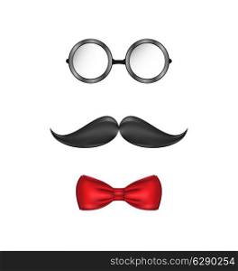 Illustration hipster symbolic of a man face, glasses, mustache and bow-tie, isolated on white background - vector