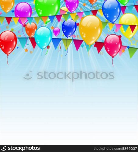 Illustration holiday background with birthday flags and confetti in the blue sky - vector