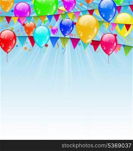 Illustration holiday background with birthday flags and confetti in the blue sky - vector