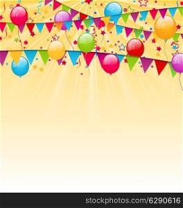 Illustration holiday background with colorful balloons, hanging flags and confetti - vector