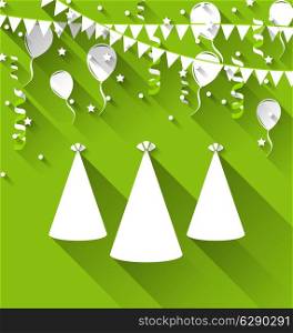 Illustration holiday background with party hats, balloons, confetti, and hanging flags - vector