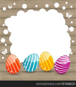 Illustration holiday card with Easter colorful eggs on wooden background - vector