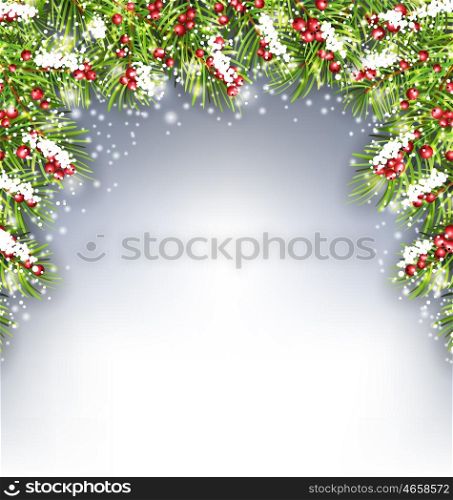 Illustration Holiday Decoration with Fir Branches and Holly Berries, Copy Space for Your Text - Vector