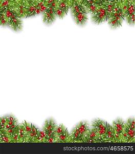 Illustration Holiday Frame with Fir Branches and Holly Berries, Copy Space for Your Text - Vector