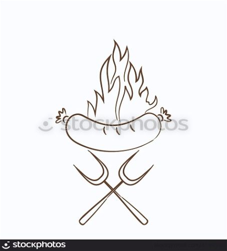 Illustration hot sausage with flames isolated on white background - vector