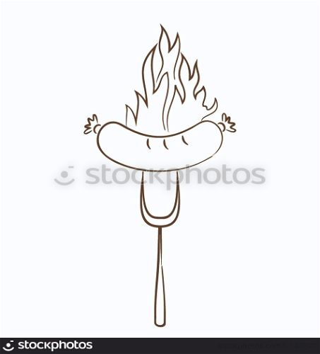 Illustration hot sausage with flames isolated on white background - vector
