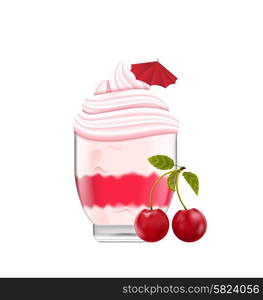 Illustration Ice Cream with Whipped Cream, Cherry and Umdrella, Isolated on White Background - Vector