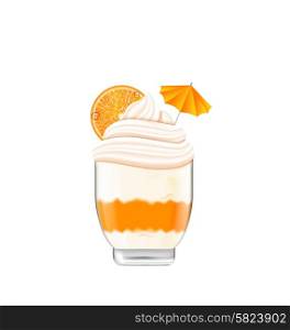 Illustration Icecream with Whipped Cream with Slice of Orange and Umbrella in Bowl, Isolated on White Background, Realistic Dessert - Vector
