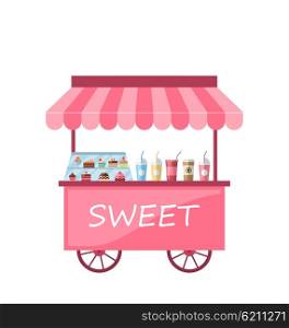 Illustration Icon of Kiosk with Cakes, Milkshakes. Sweet Cart Isolated on White Background - Vector