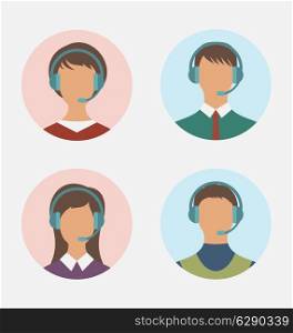 Illustration icons of call center operator with man and woman are featureless wearing headsets, in round web buttons - vector