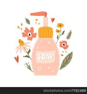 Illustration in a flat style of a bottle with liquid soap, Hygiene routine concept. Colorful illustration of a bottle with liquid soap