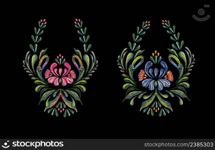 Illustration in folk style. Beautiful vector pink, blue flowers in vintage style. Vector floral elements.. Hand drawn vintage floral ornament on black background.
