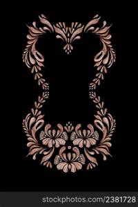 Illustration in folk style on black background. Beautiful border with flowers in vintage style.. Hand drawn vintage floral ornament