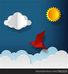 Illustration in paper art style. Bird with clouds and sun on blue sky. Summer background. Vector illustration