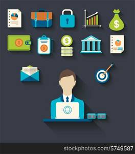 Illustration infographic concepts of businessman with business and finance flat icons - vector