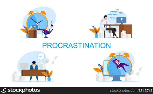 Illustration Inscription Set Procrastination. Man Feels Guilty because Deadlines. Vector Worker does not Convince Himself Urgency Performing Necessary Tasks Cartoon Flat. Man Sitting at Table.