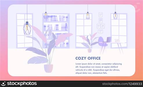 Illustration Interior Cozy Office Business Company. Banner Vector Image Workspace. Modern Style Office Interior. Large Window, Desktop with Laptop, Rack with Document Folders, Hanging Metal Lamp