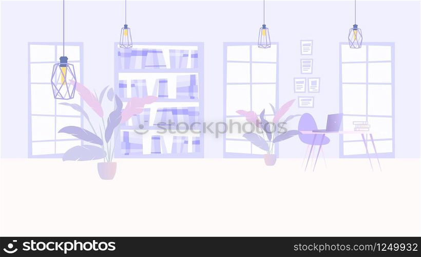 Illustration Interior Cozy Office Business Company. Vector Image Workspace. Modern Style Office Interior. Two Flower. Large Window, Desktop with Laptop, Rack with Document Folders, Hanging Metal Lamp