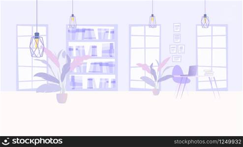 Illustration Interior Cozy Office Business Company. Vector Image Workspace. Modern Style Office Interior. Two Flower. Large Window, Desktop with Laptop, Rack with Document Folders, Hanging Metal Lamp