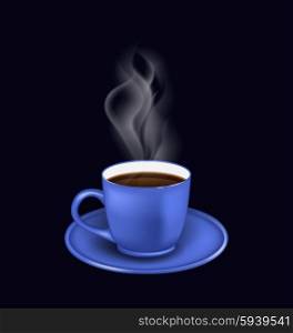 . Illustration isolated realistic blue coffee cup with steam on black background - vector