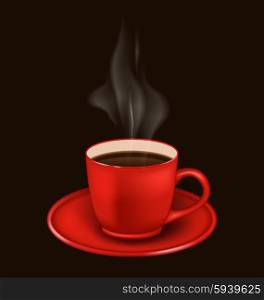 . Illustration isolated realistic red coffee mug with vapor on black background - vector