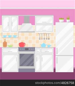 Illustration Kitchen with Furniture, Utensils, Food and Devices.Flat Style Icons - Vector