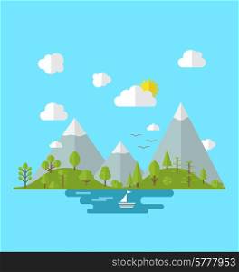 Illustration landscape woods valley hill forest land, nature background in flat style - vector