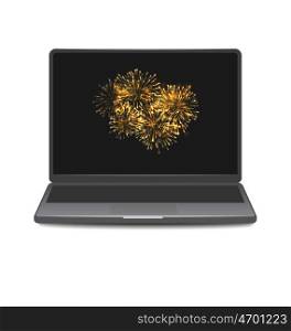 Illustration Laptop Screen Display with Firework. Notebook Isolated on White Background - Vector. Laptop Screen Display with Firework