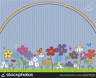 illustration - lawn with flowers and butterflies under the rainbow