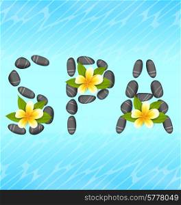 Illustration lettering spa made ??of pebbles and frangipani flowers (plumeria), zen spa natural background - vector
