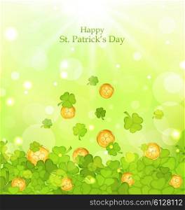Illustration light background with clovers and coins for St. Patrick&rsquo;s Day - vector