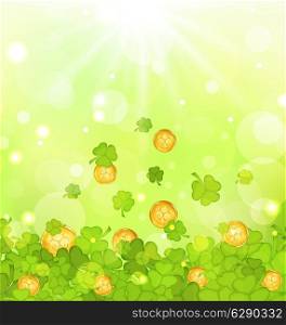 Illustration light background with clovers and coins for St. Patrick&rsquo;s Day - vector