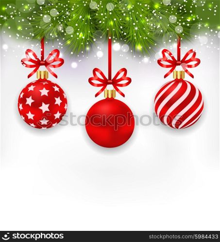 Illustration Light Wallpaper with Fir Twigs and Red Glassy Balls for Happy Winter Holidays - Vector