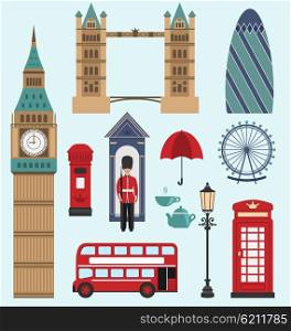 Illustration London,United Kingdom Flat Icons. Collection of England Colorful Symbols. Group of Travel Icons - Vector
